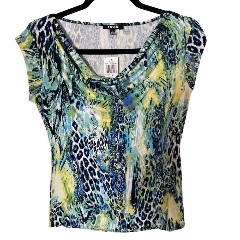 Premise Painterly Tropical Animal Print Drape Cowl Neck Top NWT Varies